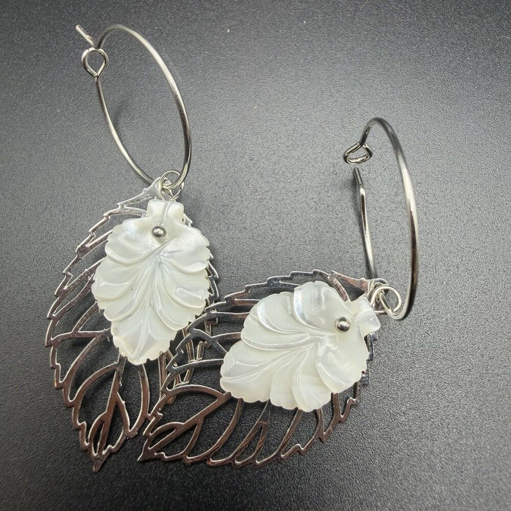 Vintage Silver Filigree Leaf Hoop Earrings Carved Mother of Pearl MOP Drop Gift